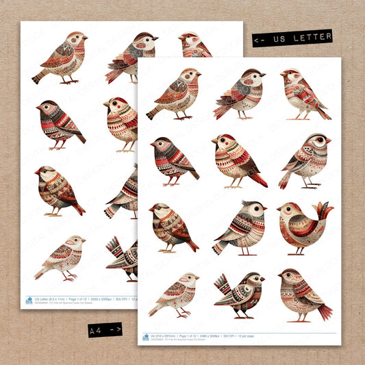 A4 and US Letter format comparison showing Folk Art Sparrow fussy cut pages for print and cut crafting