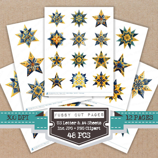 Folk Art Star fussy cut printable sheets for junk journaling, scrapbooking, and paper craft projects