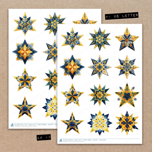 A4 and US Letter format comparison showing Folk Art Star fussy cut pages for print and cut crafting