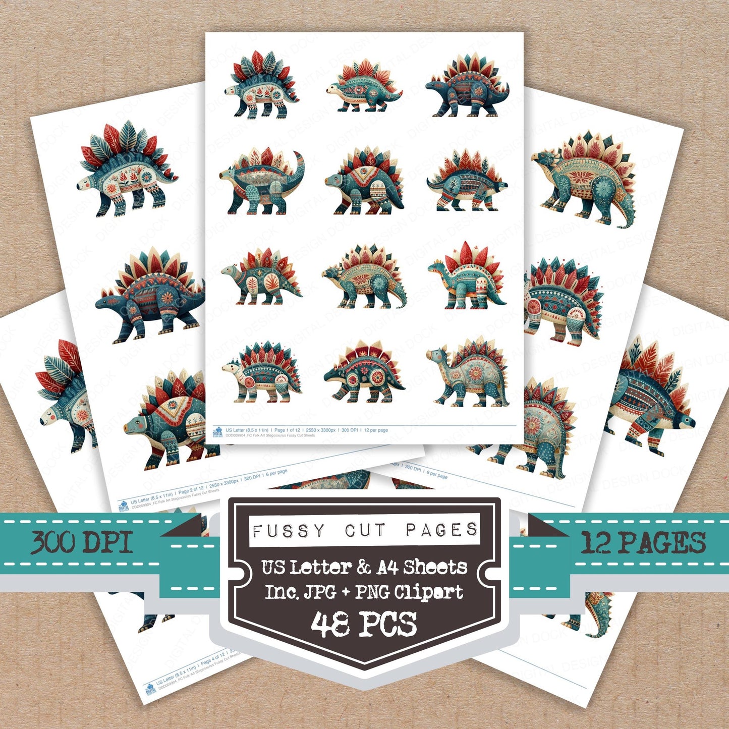 Folk Art Stegosaurus fussy cut printable sheets for junk journaling, scrapbooking, and paper craft projects