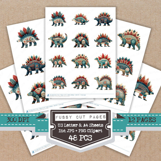 Folk Art Stegosaurus fussy cut printable sheets for junk journaling, scrapbooking, and paper craft projects