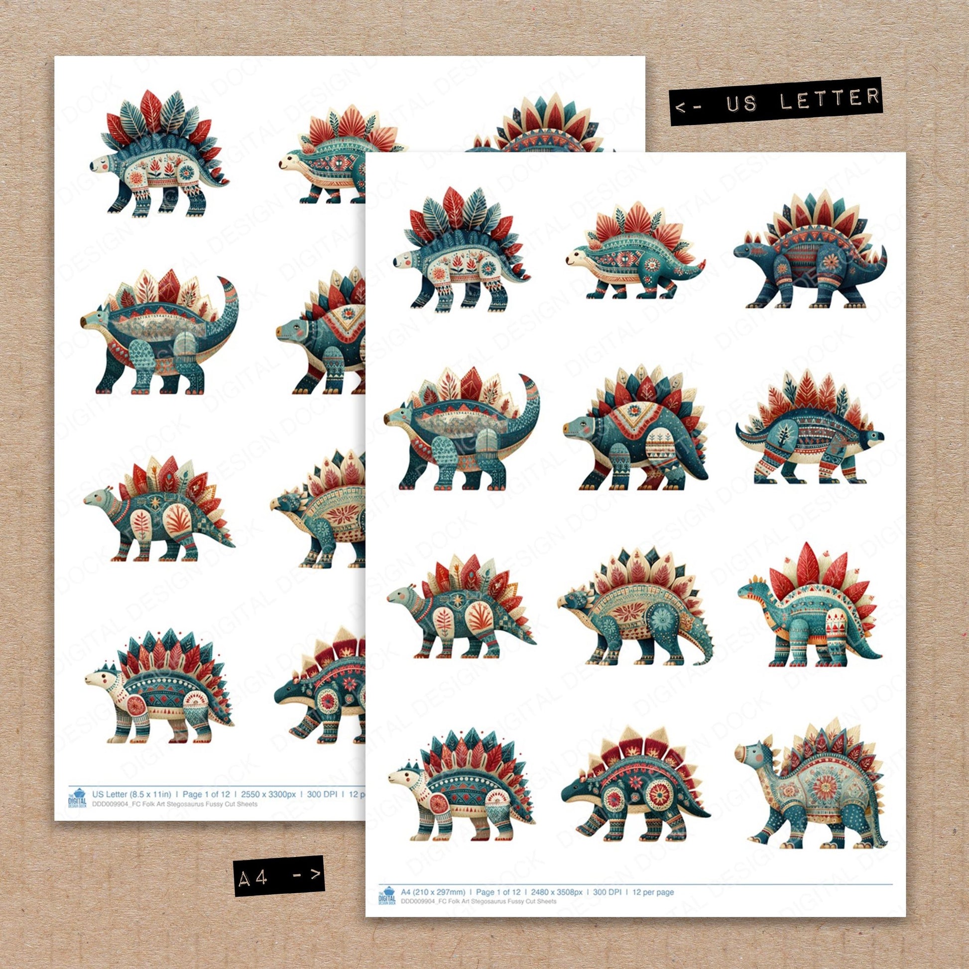 A4 and US Letter format comparison showing Folk Art Stegosaurus fussy cut pages for print and cut crafting