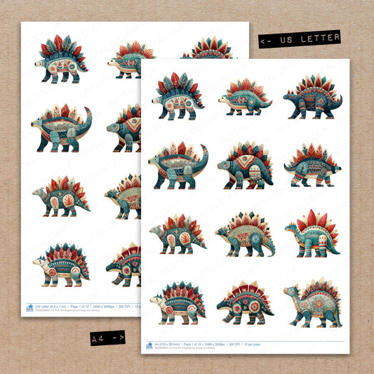 A4 and US Letter format comparison showing Folk Art Stegosaurus fussy cut pages for print and cut crafting