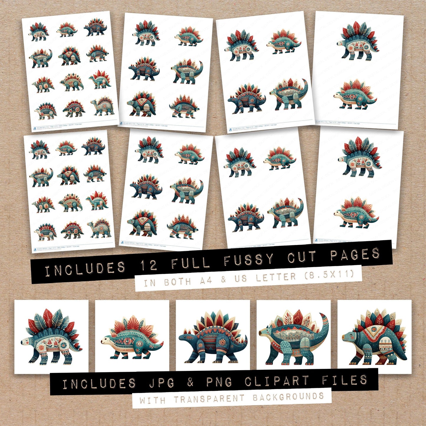 Full collection view of Folk Art Stegosaurus fussy cut sheets with bonus clipart JPG and PNG files