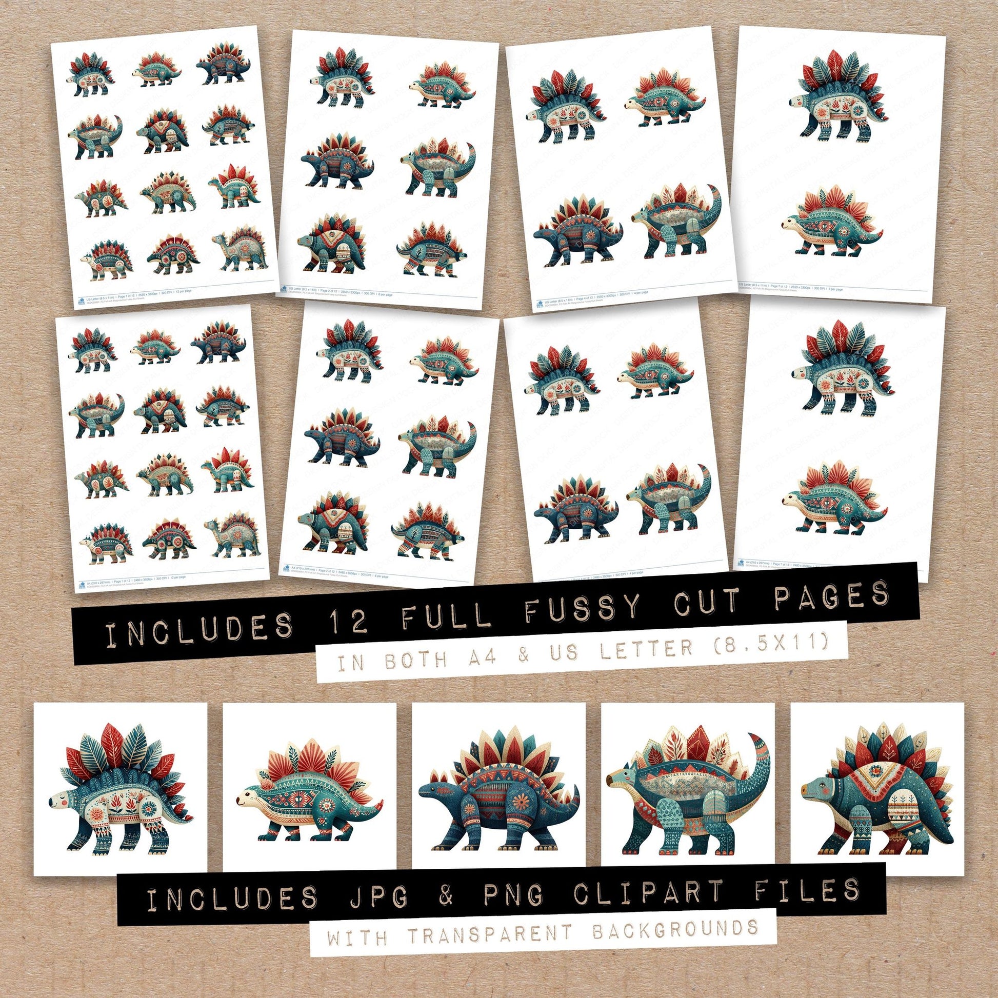 Full collection view of Folk Art Stegosaurus fussy cut sheets with bonus clipart JPG and PNG files