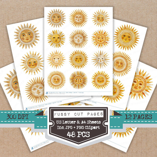 Folk Art Sun fussy cut printable sheets for junk journaling, scrapbooking, and paper craft projects