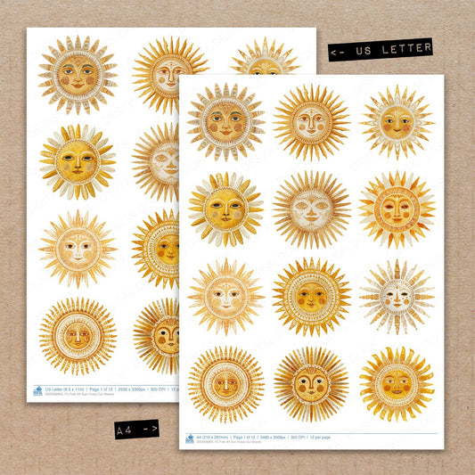 A4 and US Letter format comparison showing Folk Art Sun fussy cut pages for print and cut crafting