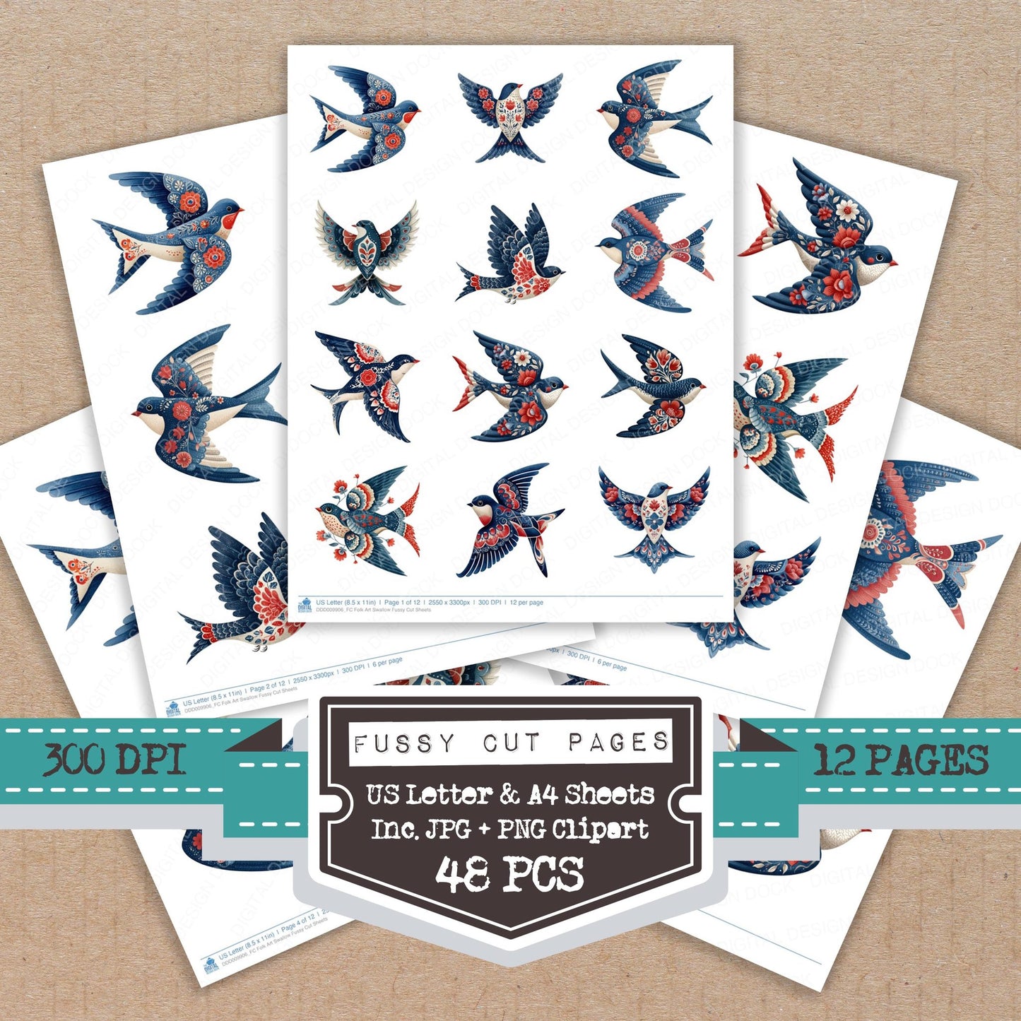 Folk Art Swallow fussy cut printable sheets for junk journaling, scrapbooking, and paper craft projects