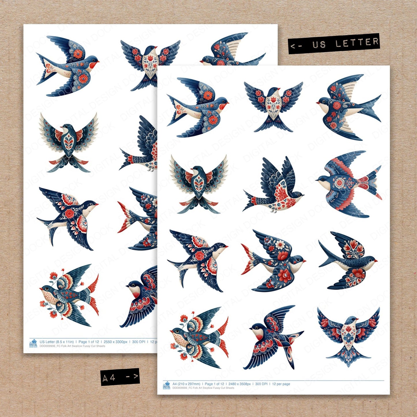 A4 and US Letter format comparison showing Folk Art Swallow fussy cut pages for print and cut crafting