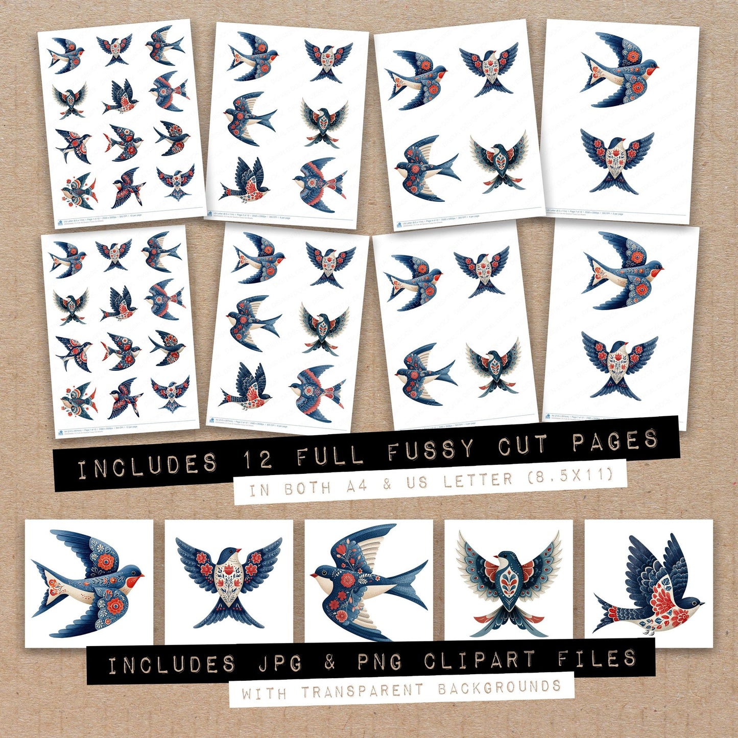 Full collection view of Folk Art Swallow fussy cut sheets with bonus clipart JPG and PNG files