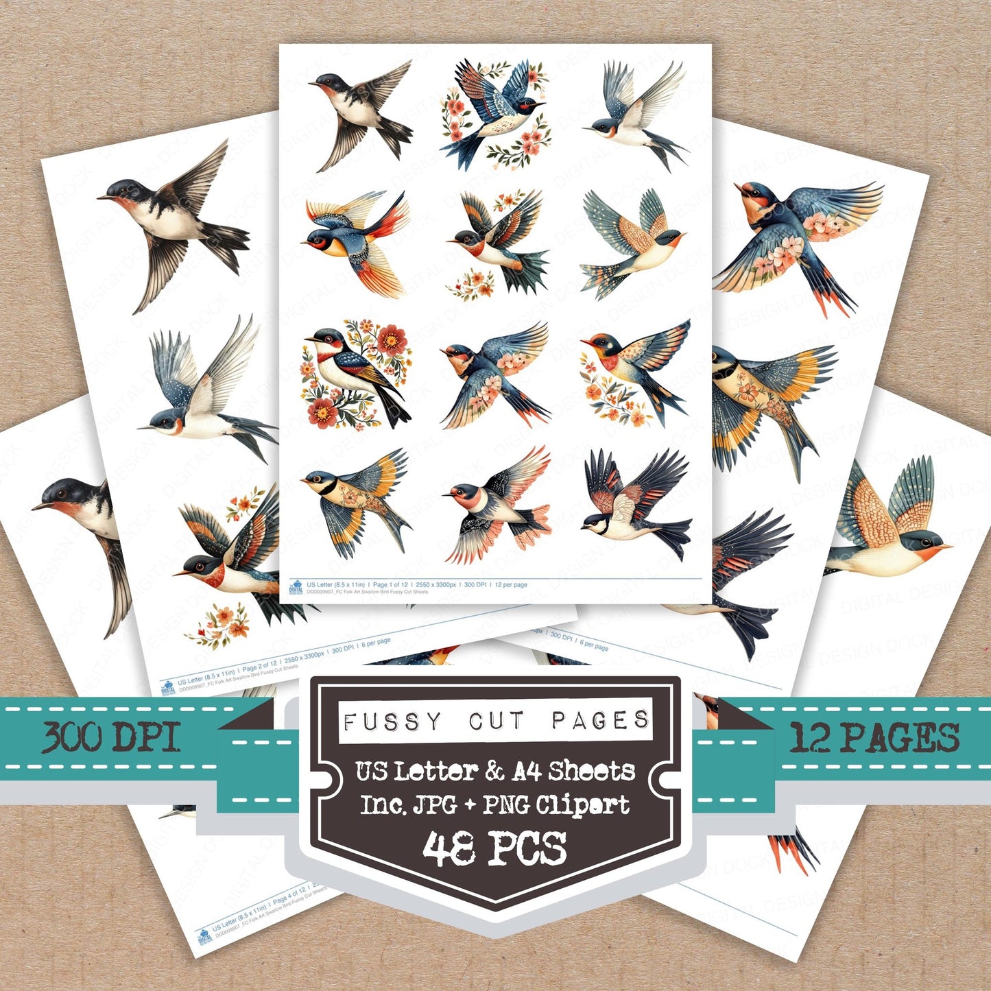 Folk Art Swallow Bird fussy cut printable sheets for junk journaling, scrapbooking, and paper craft projects