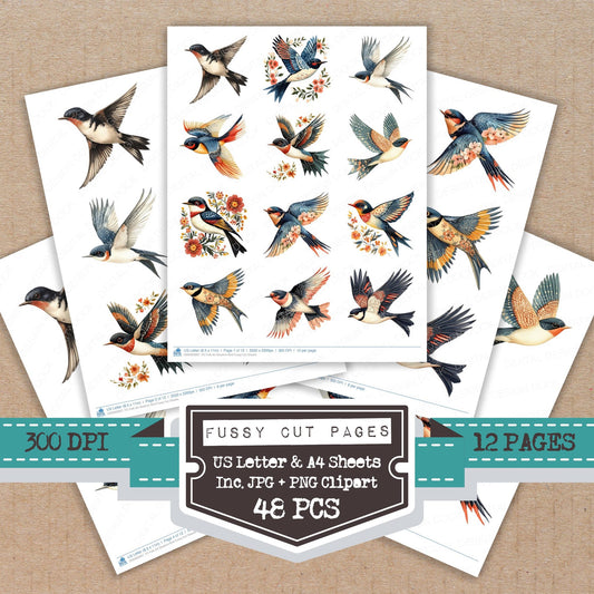 Folk Art Swallow Bird fussy cut printable sheets for junk journaling, scrapbooking, and paper craft projects