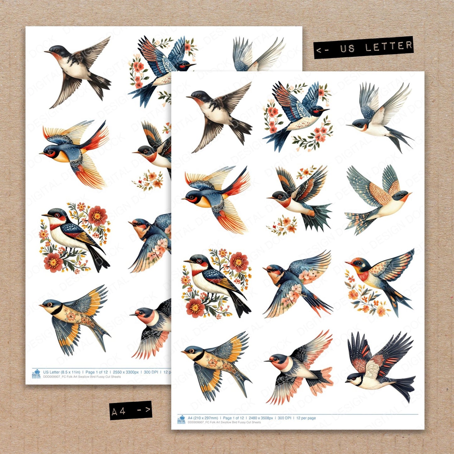 A4 and US Letter format comparison showing Folk Art Swallow Bird fussy cut pages for print and cut crafting