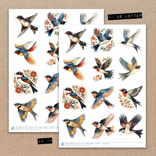 A4 and US Letter format comparison showing Folk Art Swallow Bird fussy cut pages for print and cut crafting
