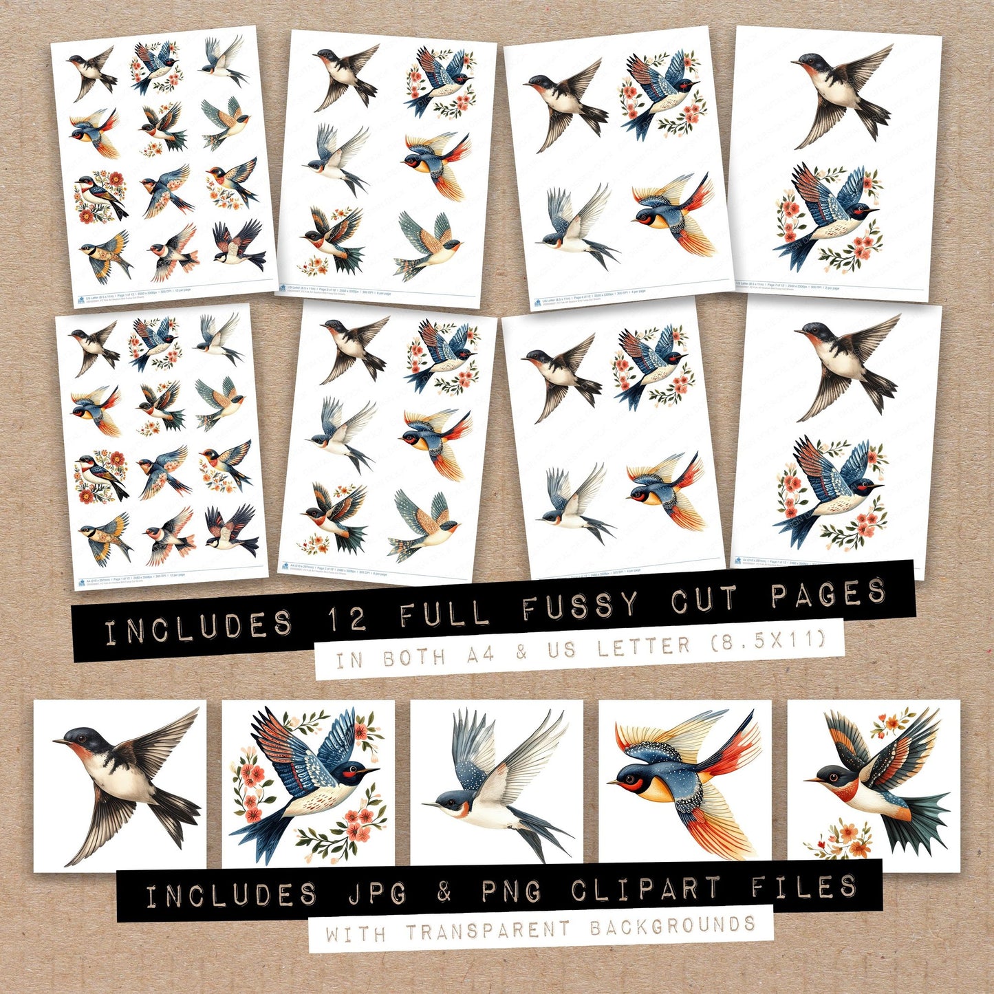 Full collection view of Folk Art Swallow Bird fussy cut sheets with bonus clipart JPG and PNG files
