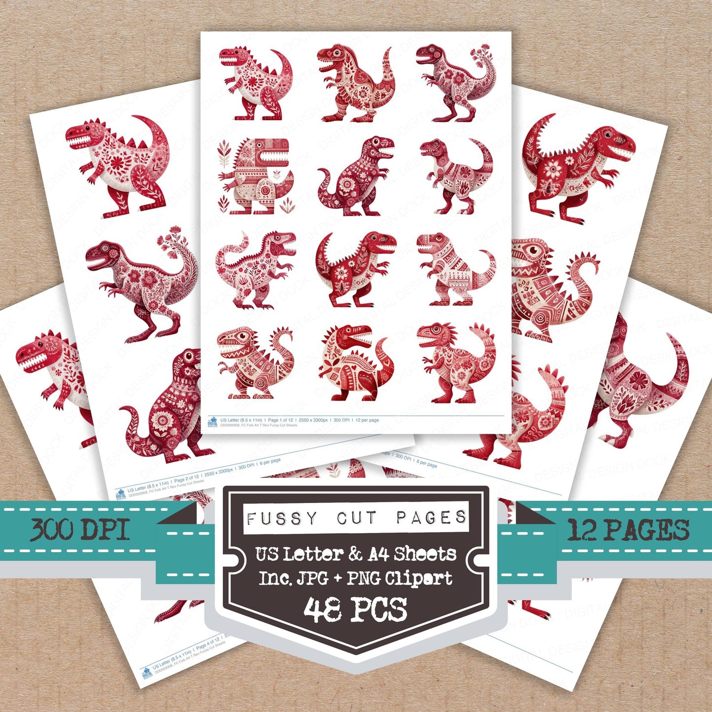 Folk Art T Rex fussy cut printable sheets for junk journaling, scrapbooking, and paper craft projects