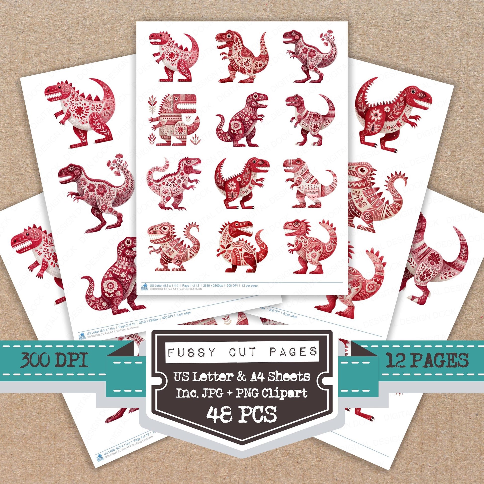 Folk Art T Rex fussy cut printable sheets for junk journaling, scrapbooking, and paper craft projects