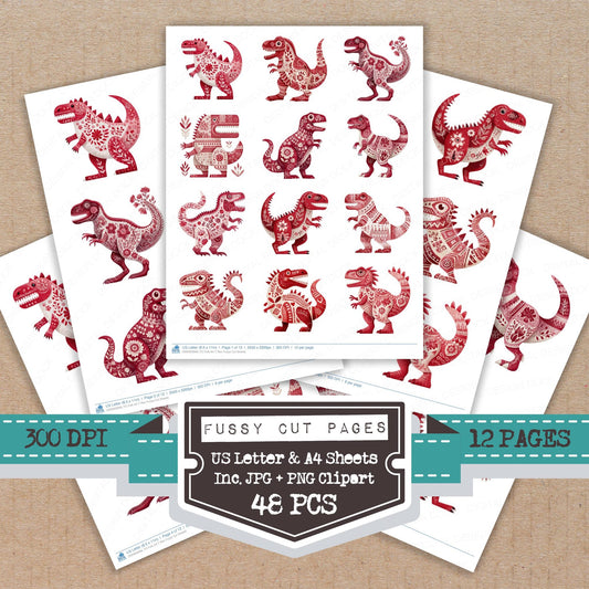 Folk Art T Rex fussy cut printable sheets for junk journaling, scrapbooking, and paper craft projects