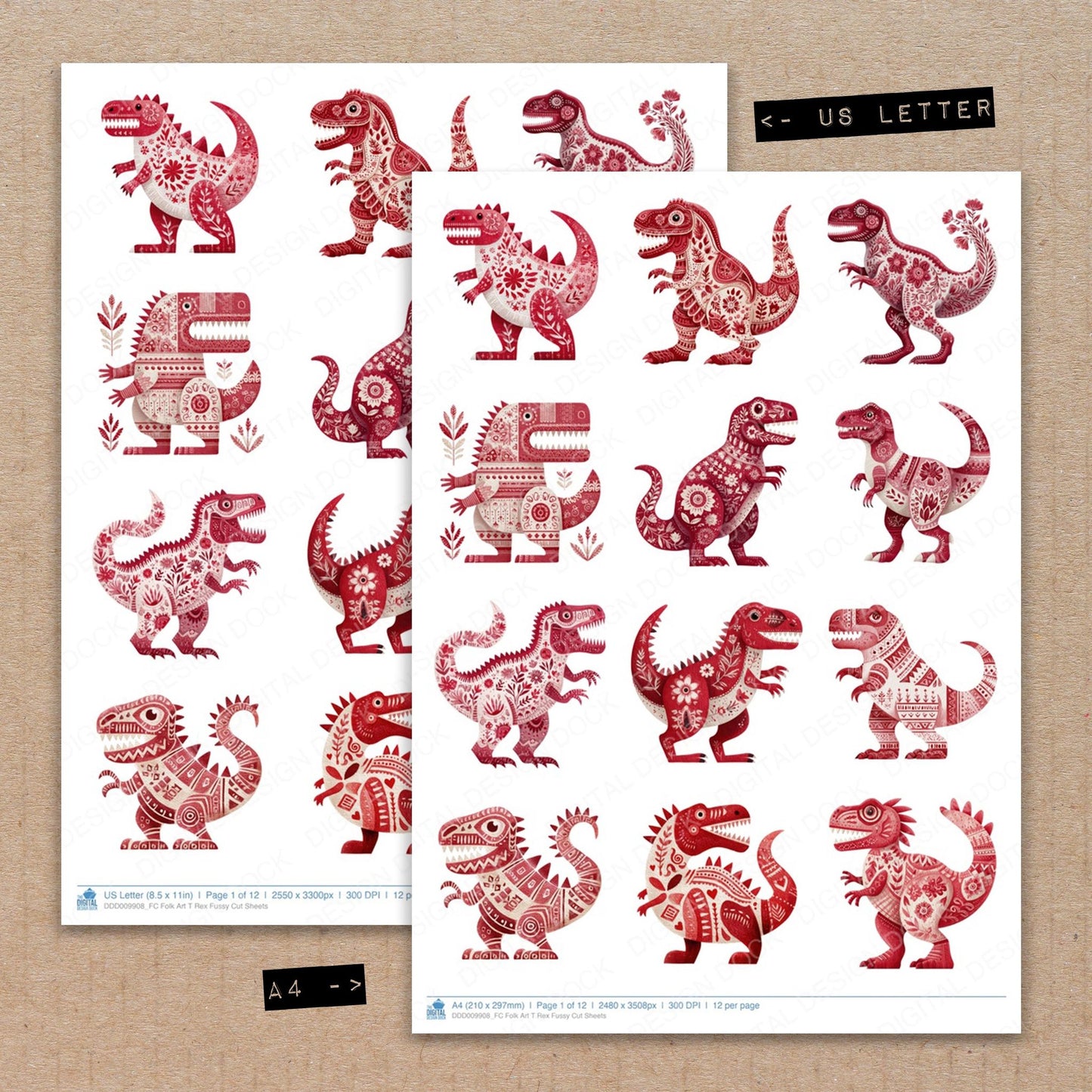 A4 and US Letter format comparison showing Folk Art T Rex fussy cut pages for print and cut crafting