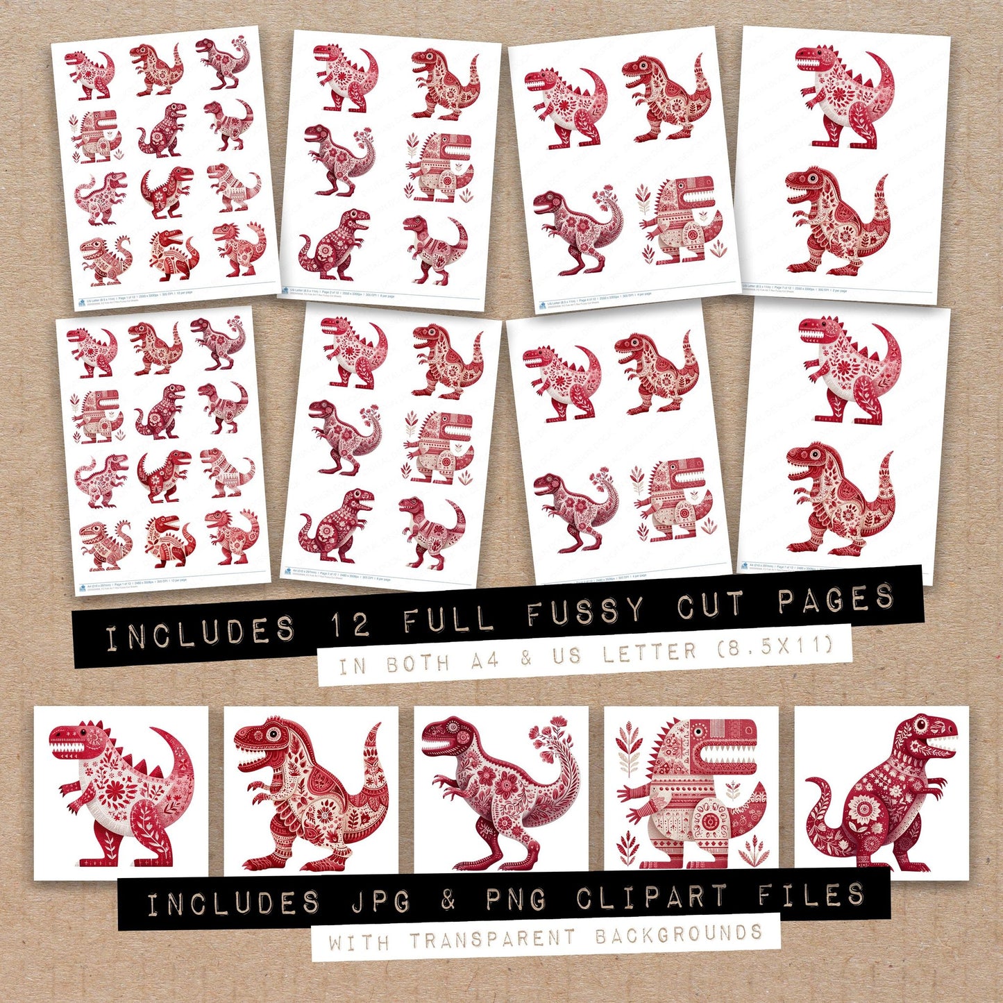 Full collection view of Folk Art T Rex fussy cut sheets with bonus clipart JPG and PNG files