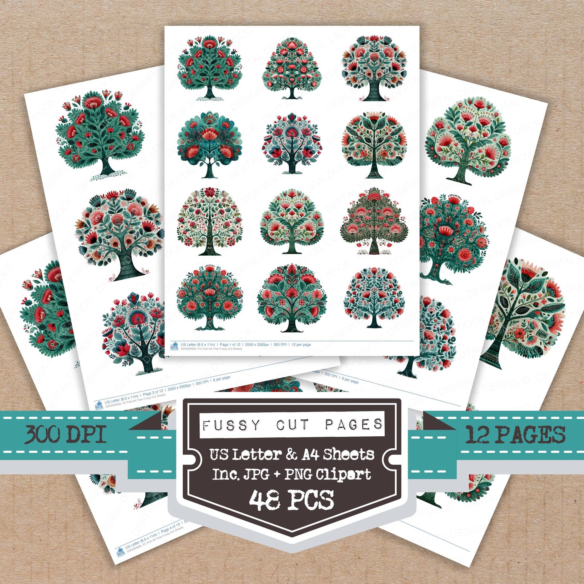 Folk Art Tree fussy cut printable sheets for junk journaling, scrapbooking, and paper craft projects