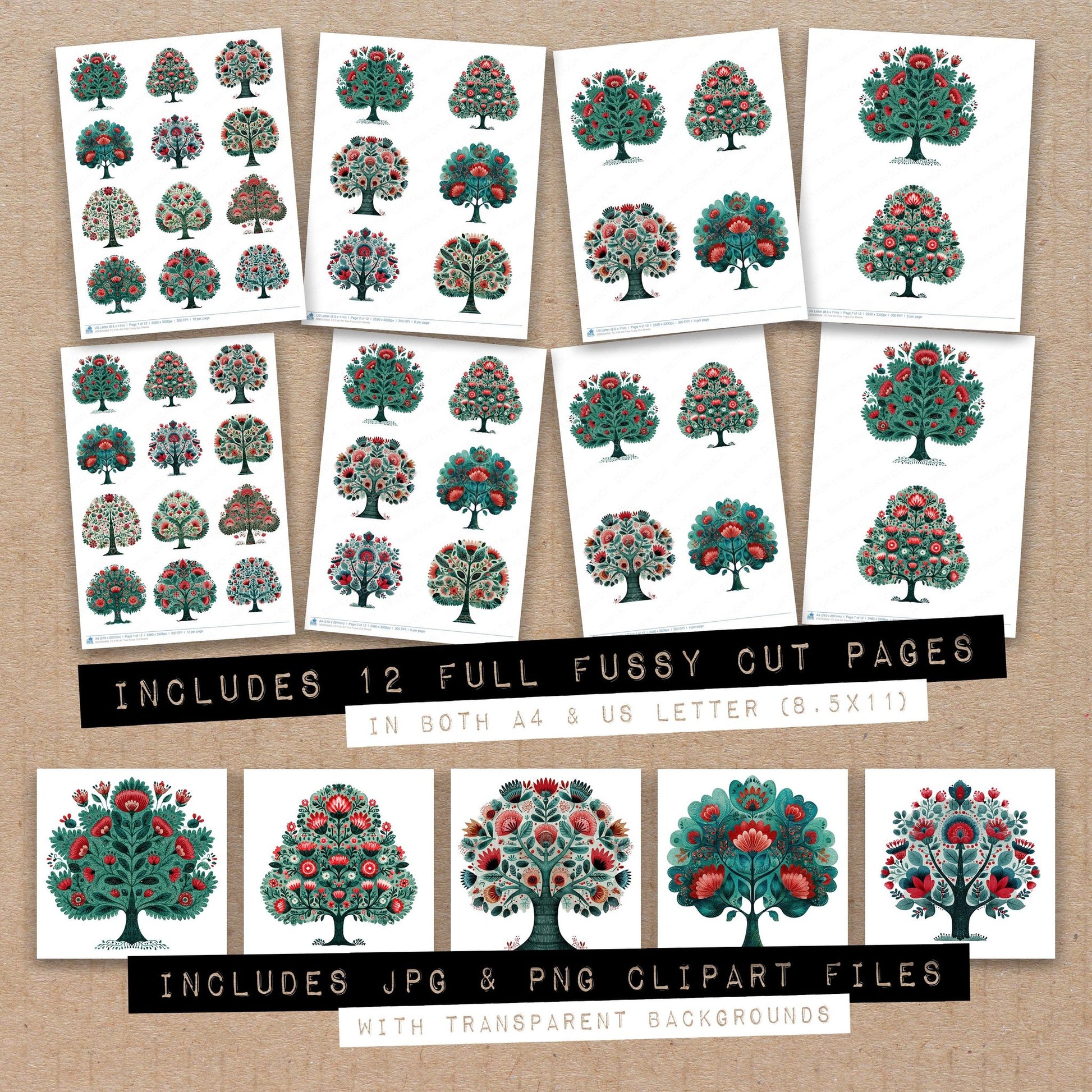 Full collection view of Folk Art Tree fussy cut sheets with bonus clipart JPG and PNG files