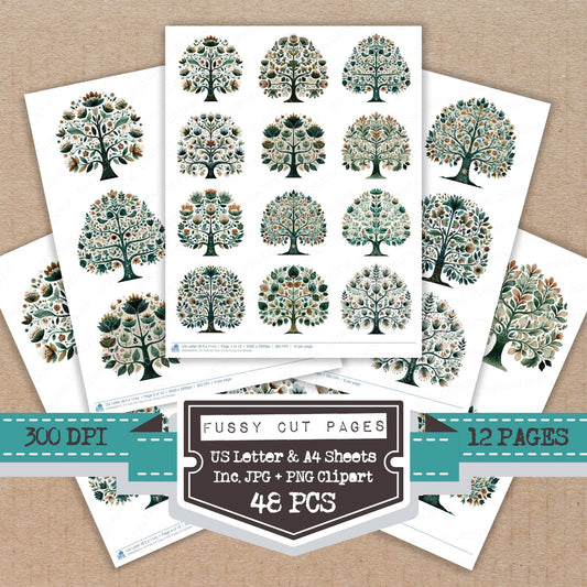 Folk Art Tree of Life fussy cut printable sheets for junk journaling, scrapbooking, and paper craft projects