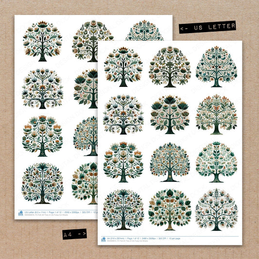 A4 and US Letter format comparison showing Folk Art Tree of Life fussy cut pages for print and cut crafting