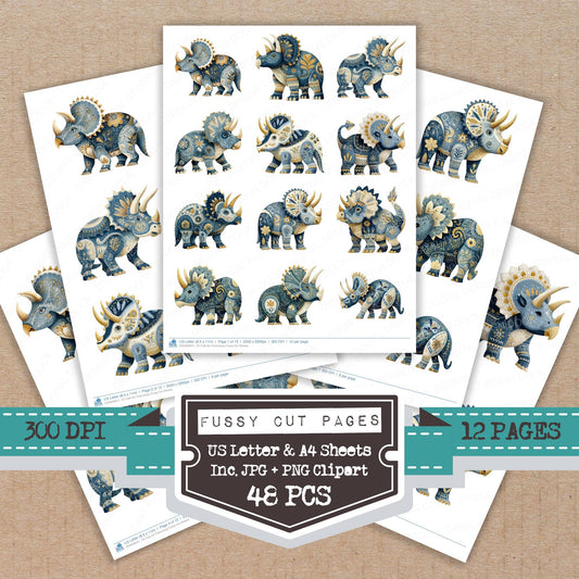 Folk Art Triceratops fussy cut printable sheets for junk journaling, scrapbooking, and paper craft projects