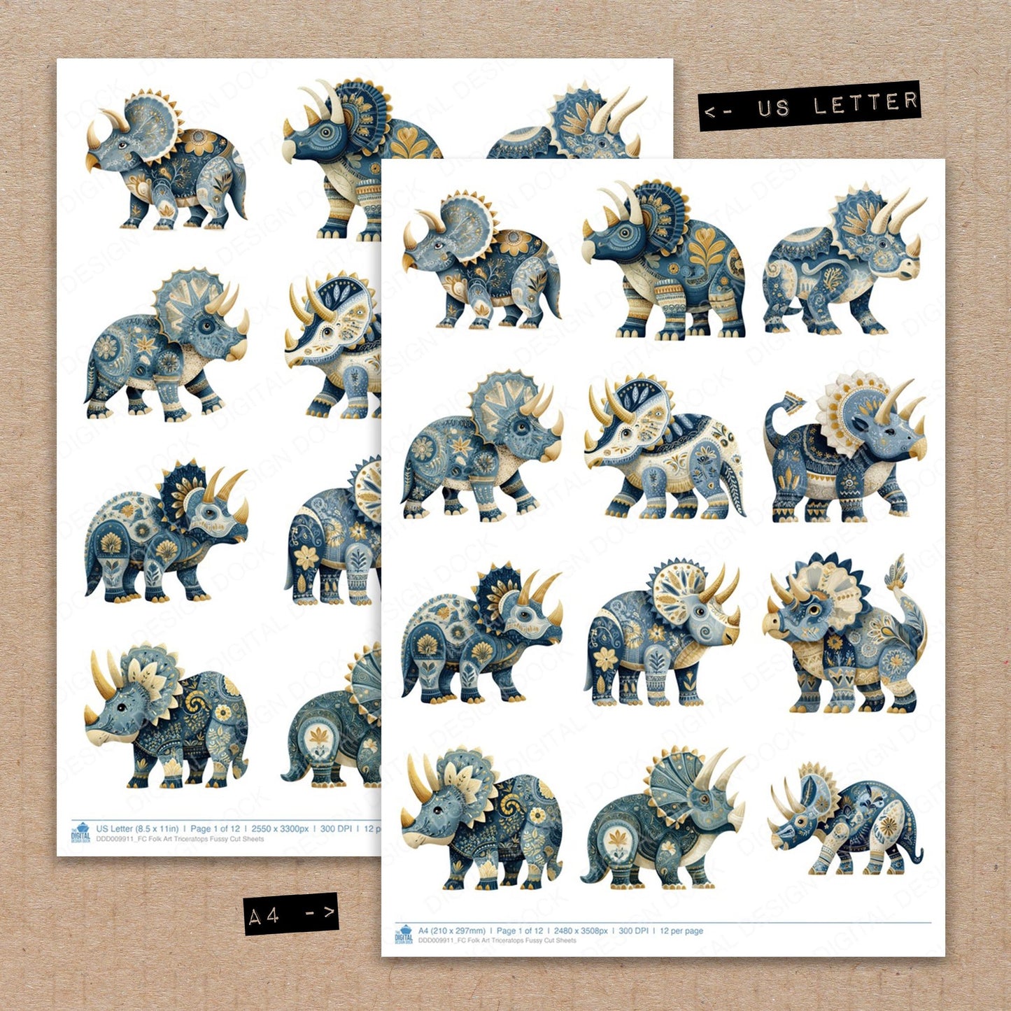 A4 and US Letter format comparison showing Folk Art Triceratops fussy cut pages for print and cut crafting