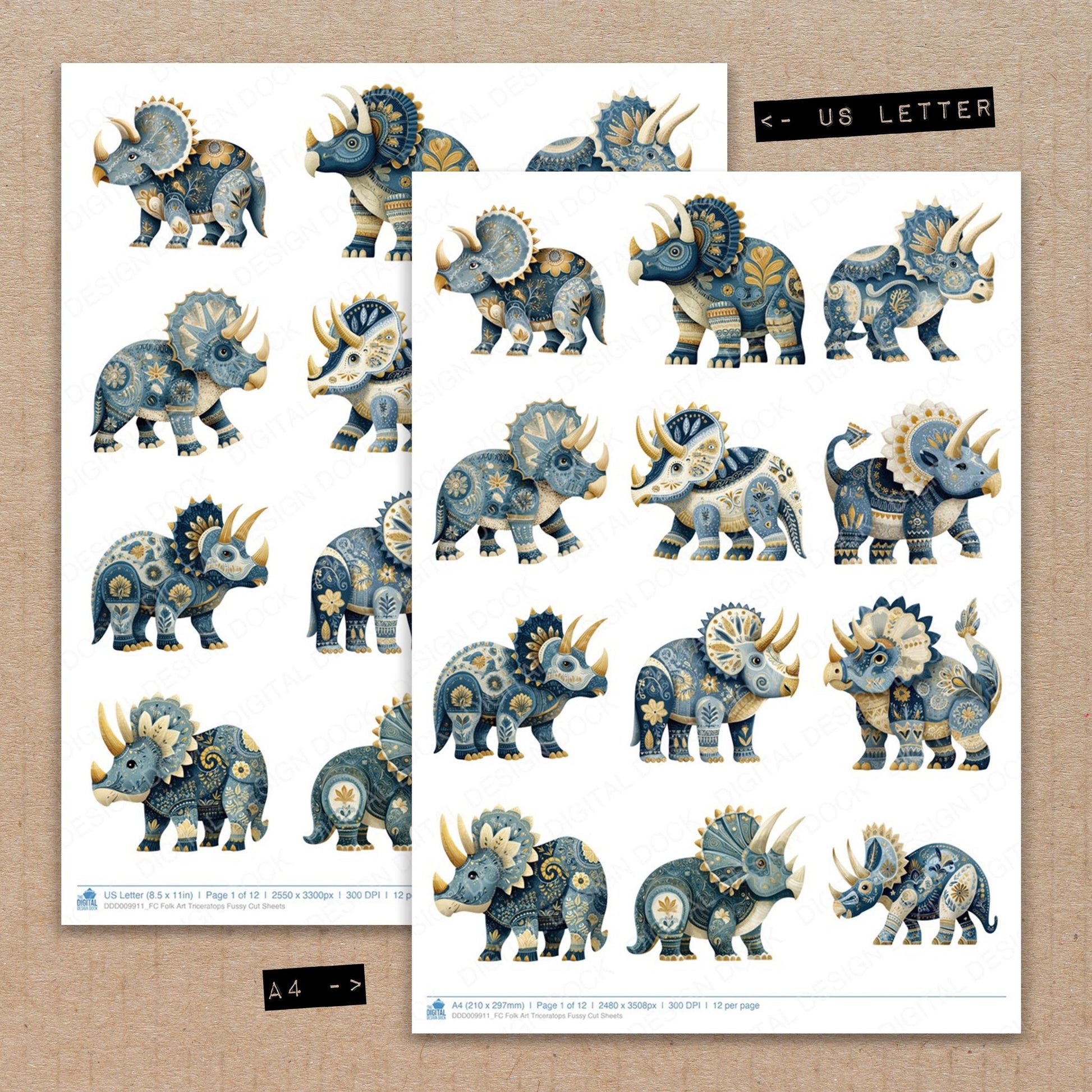 A4 and US Letter format comparison showing Folk Art Triceratops fussy cut pages for print and cut crafting