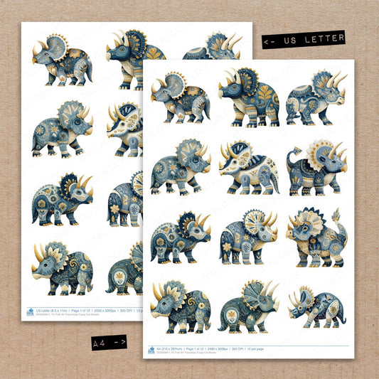 A4 and US Letter format comparison showing Folk Art Triceratops fussy cut pages for print and cut crafting