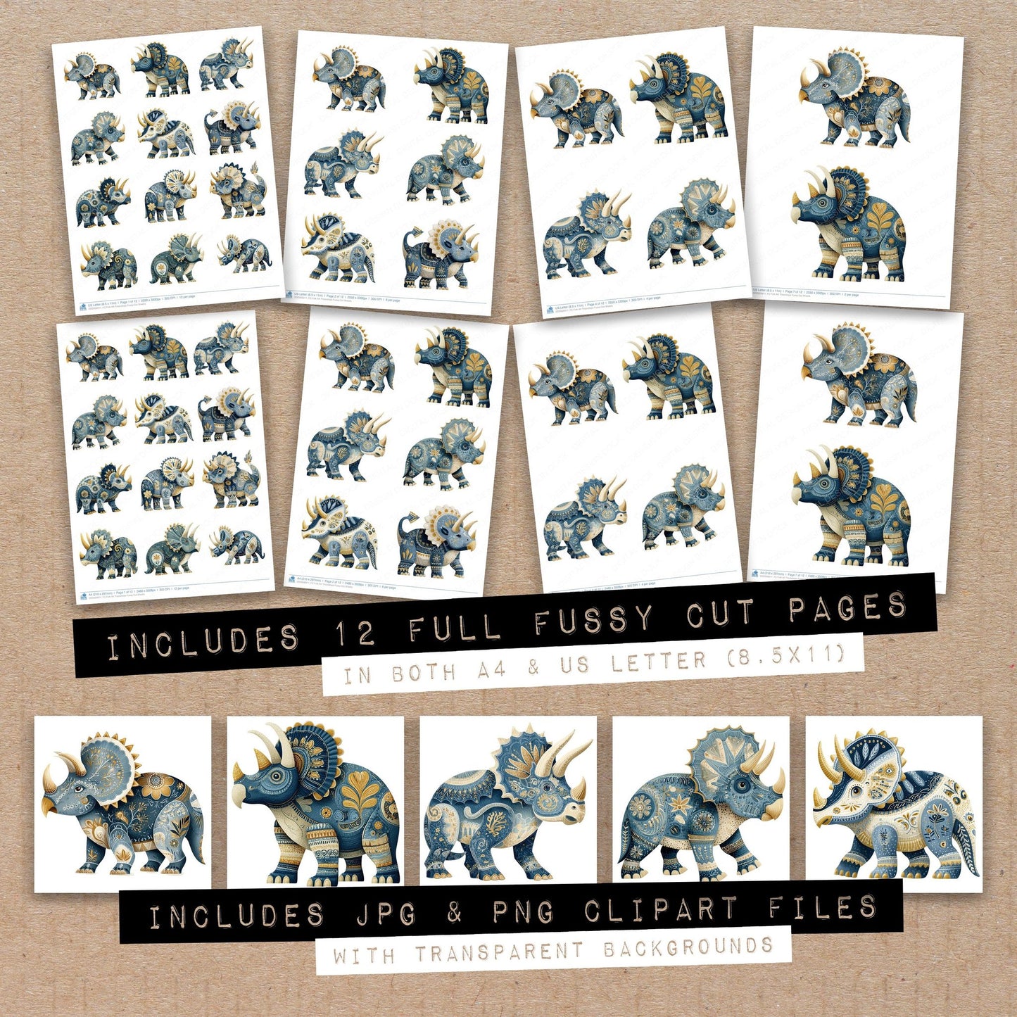 Full collection view of Folk Art Triceratops fussy cut sheets with bonus clipart JPG and PNG files