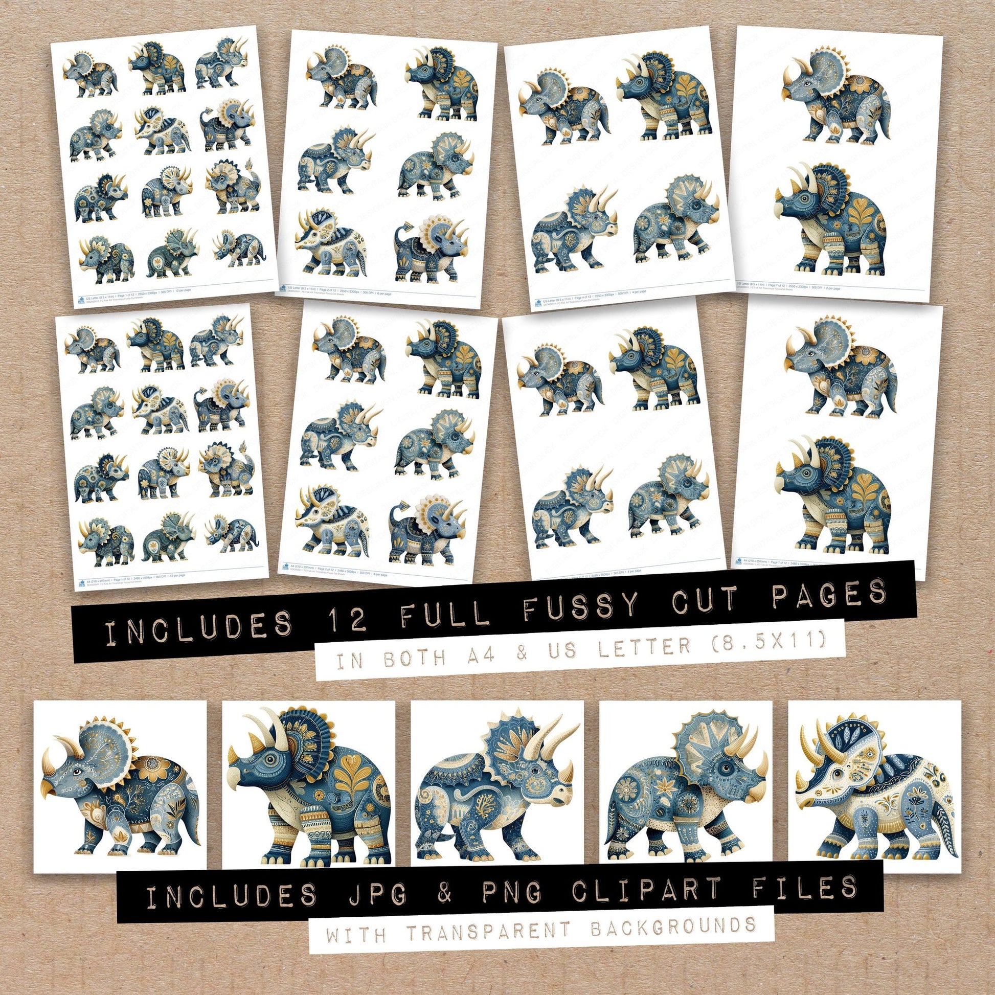 Full collection view of Folk Art Triceratops fussy cut sheets with bonus clipart JPG and PNG files