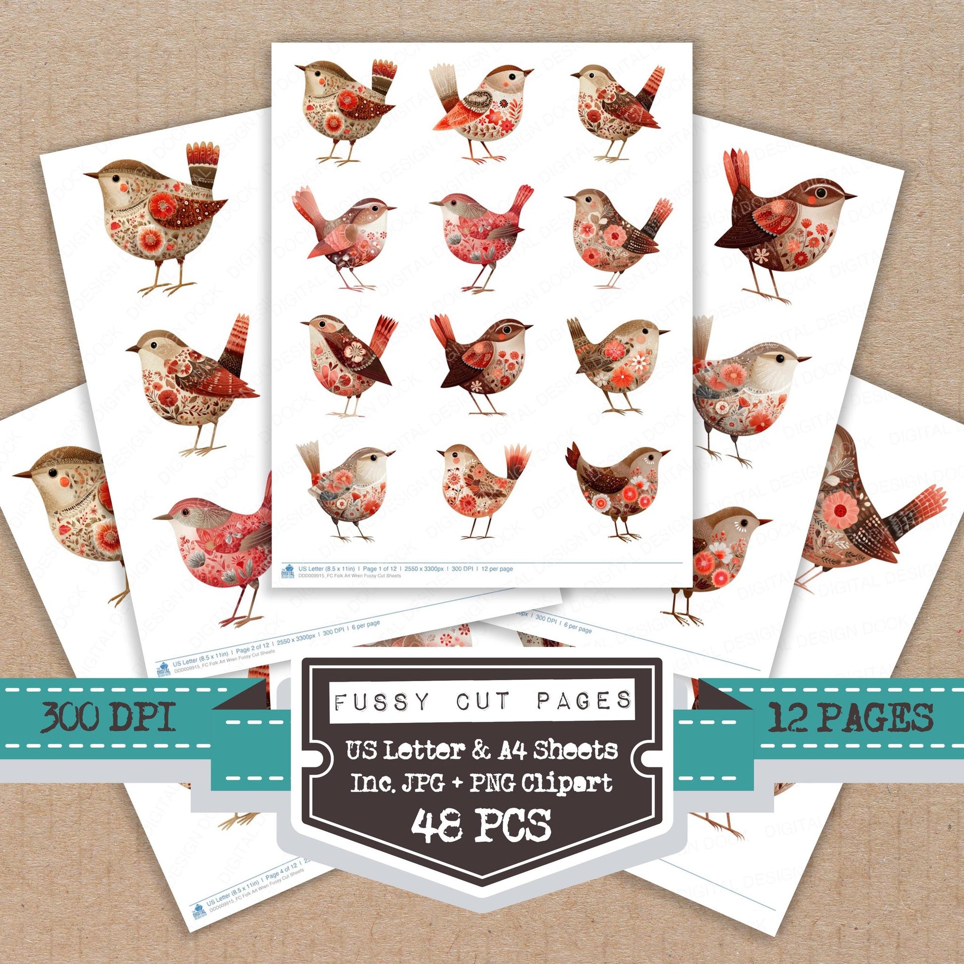 Folk Art Wren fussy cut printable sheets for junk journaling, scrapbooking, and paper craft projects