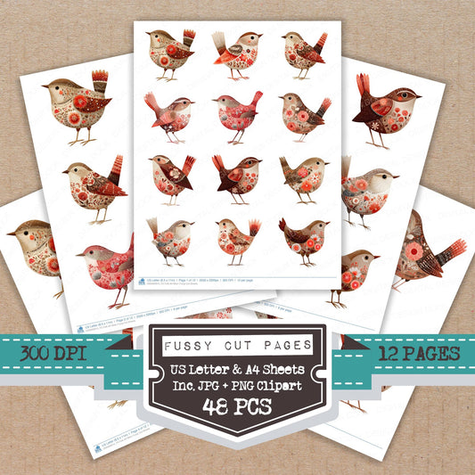 Folk Art Wren fussy cut printable sheets for junk journaling, scrapbooking, and paper craft projects