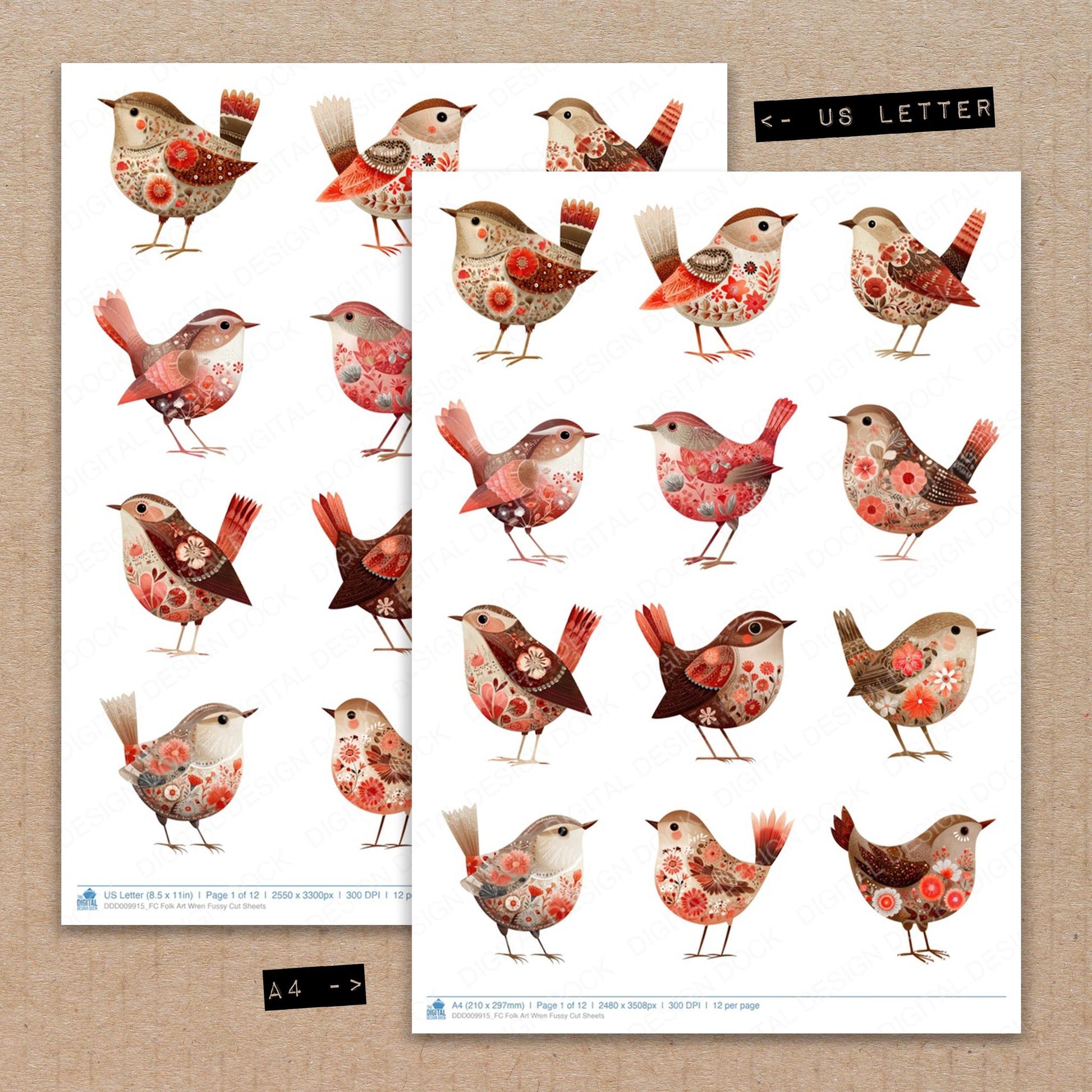 A4 and US Letter format comparison showing Folk Art Wren fussy cut pages for print and cut crafting