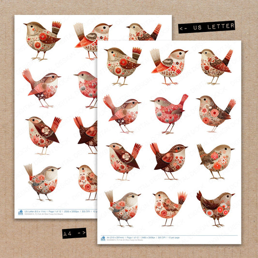 A4 and US Letter format comparison showing Folk Art Wren fussy cut pages for print and cut crafting