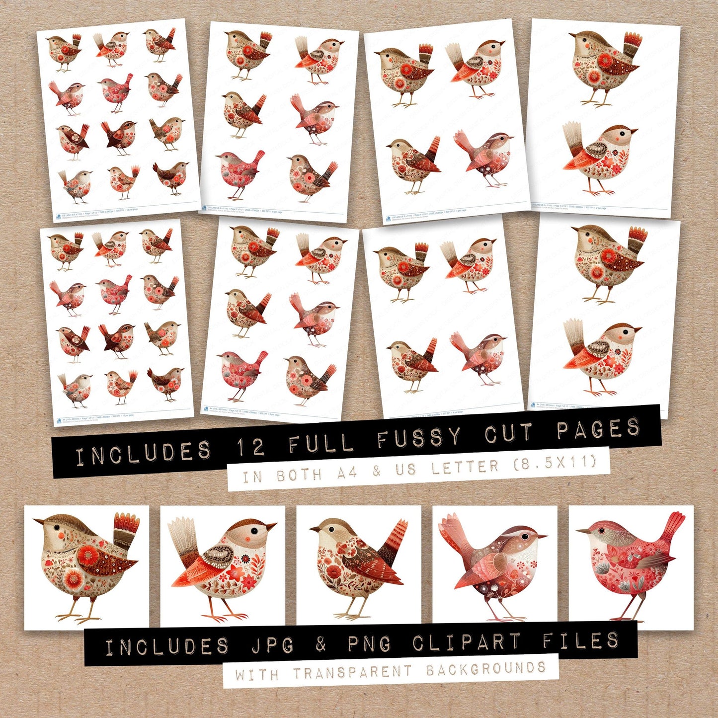 Full collection view of Folk Art Wren fussy cut sheets with bonus clipart JPG and PNG files