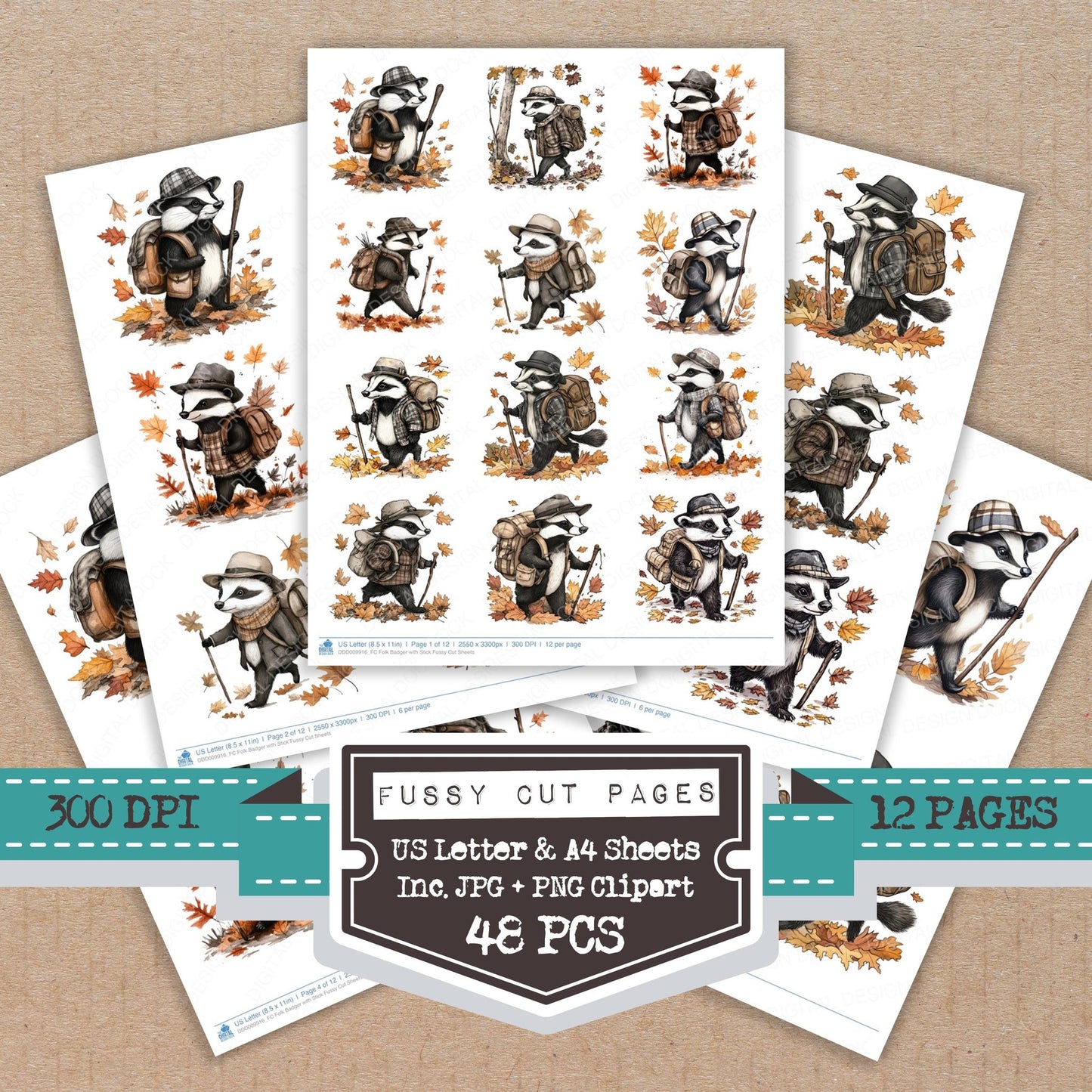 Folk Badger with Stick fussy cut printable sheets for junk journaling, scrapbooking, and paper craft projects