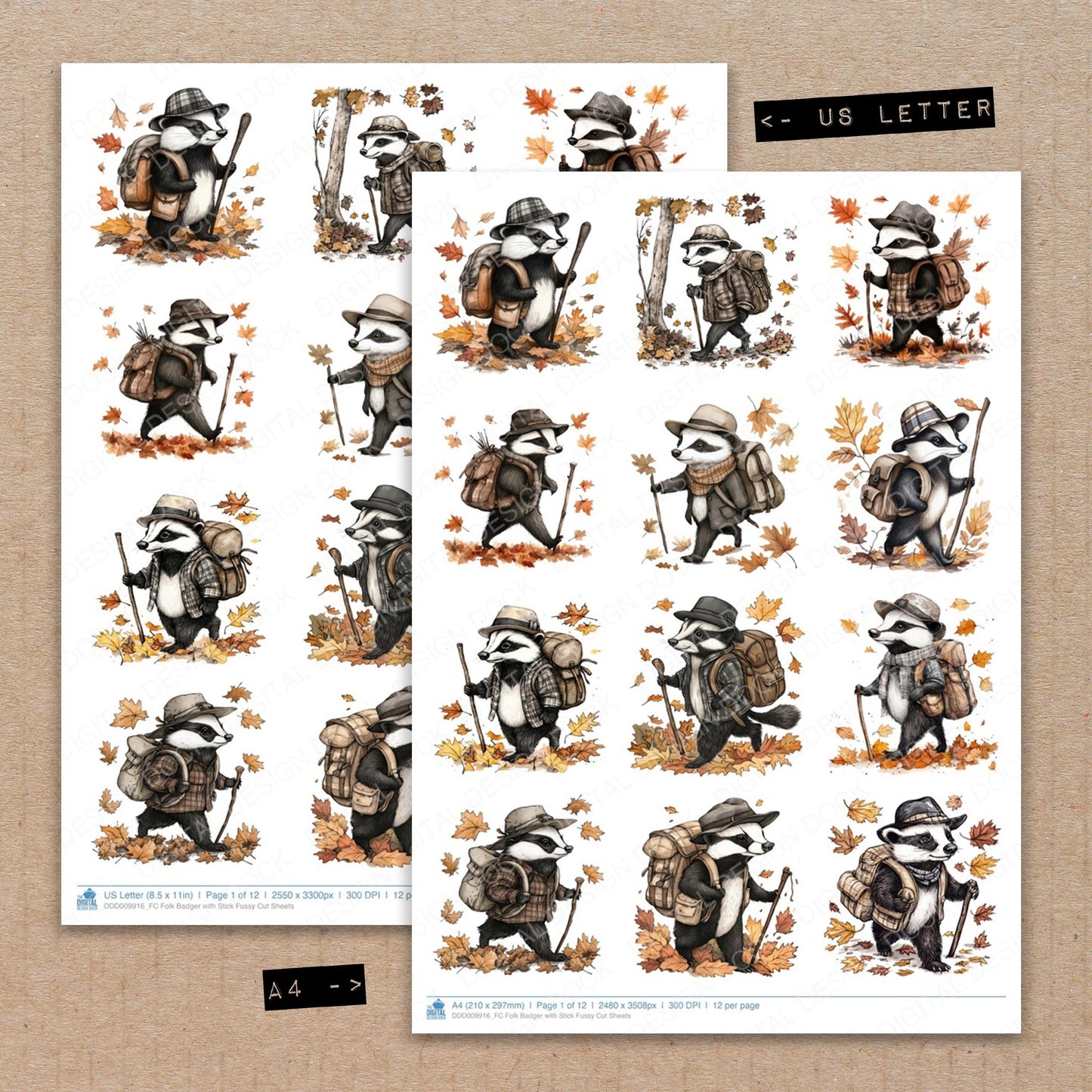 A4 and US Letter format comparison showing Folk Badger with Stick fussy cut pages for print and cut crafting
