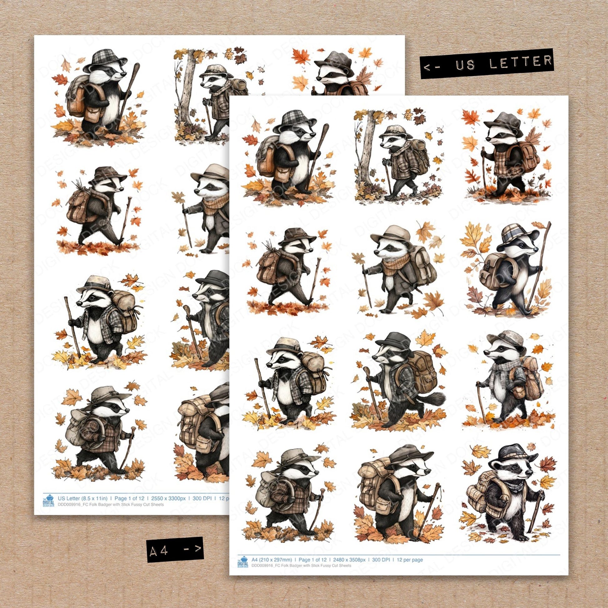 A4 and US Letter format comparison showing Folk Badger with Stick fussy cut pages for print and cut crafting