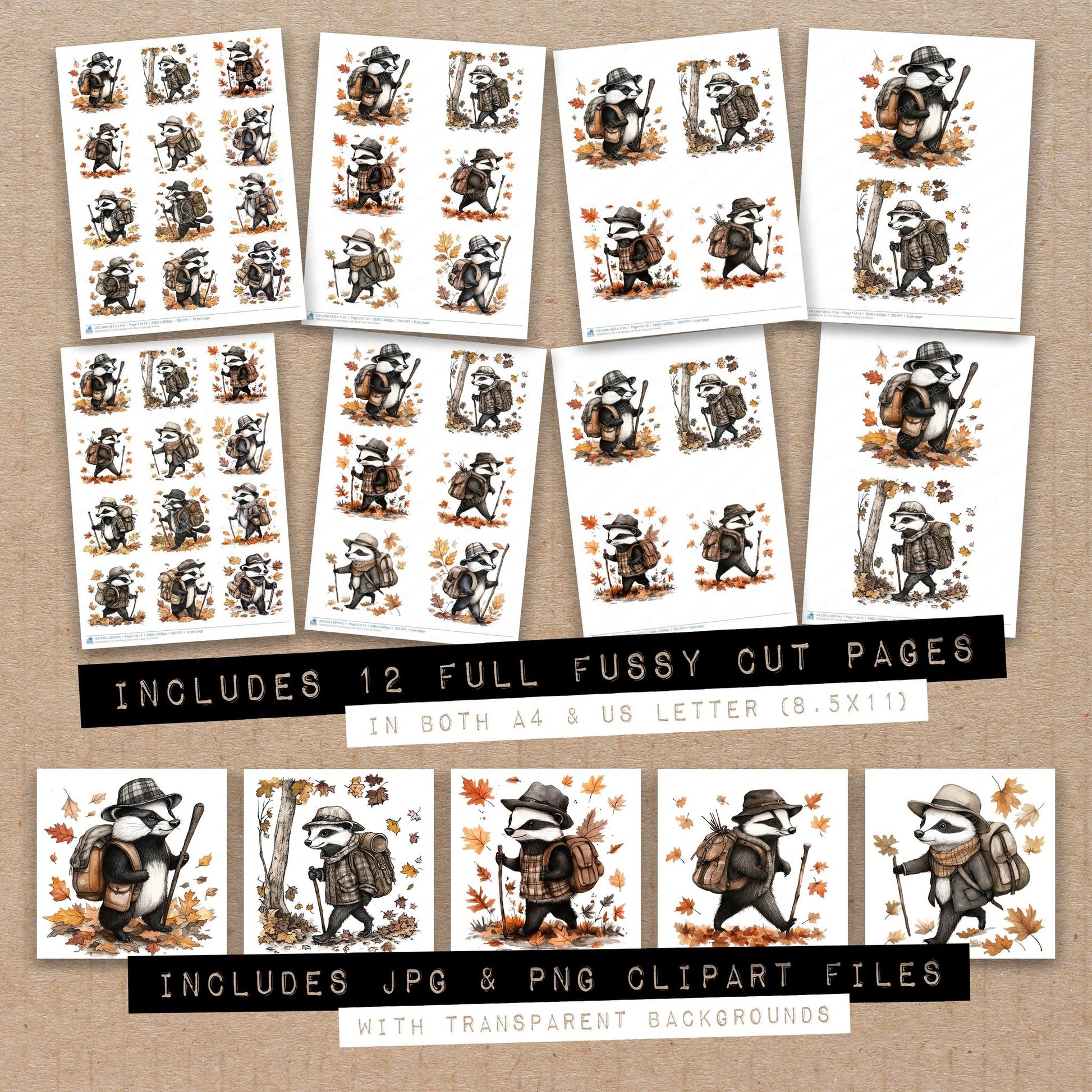 Full collection view of Folk Badger with Stick fussy cut sheets with bonus clipart JPG and PNG files