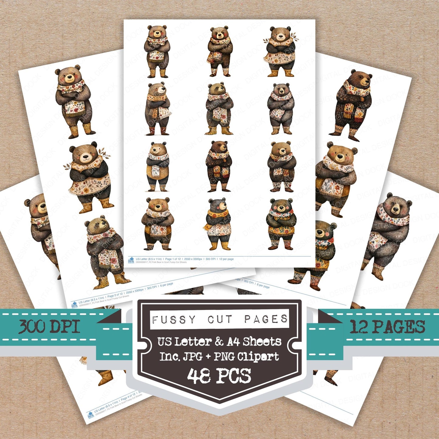 Folk Bear in Scarf fussy cut printable sheets for junk journaling, scrapbooking, and paper craft projects