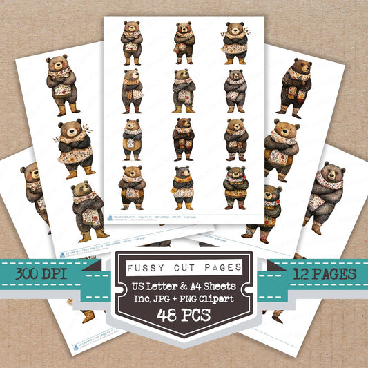 Folk Bear in Scarf fussy cut printable sheets for junk journaling, scrapbooking, and paper craft projects