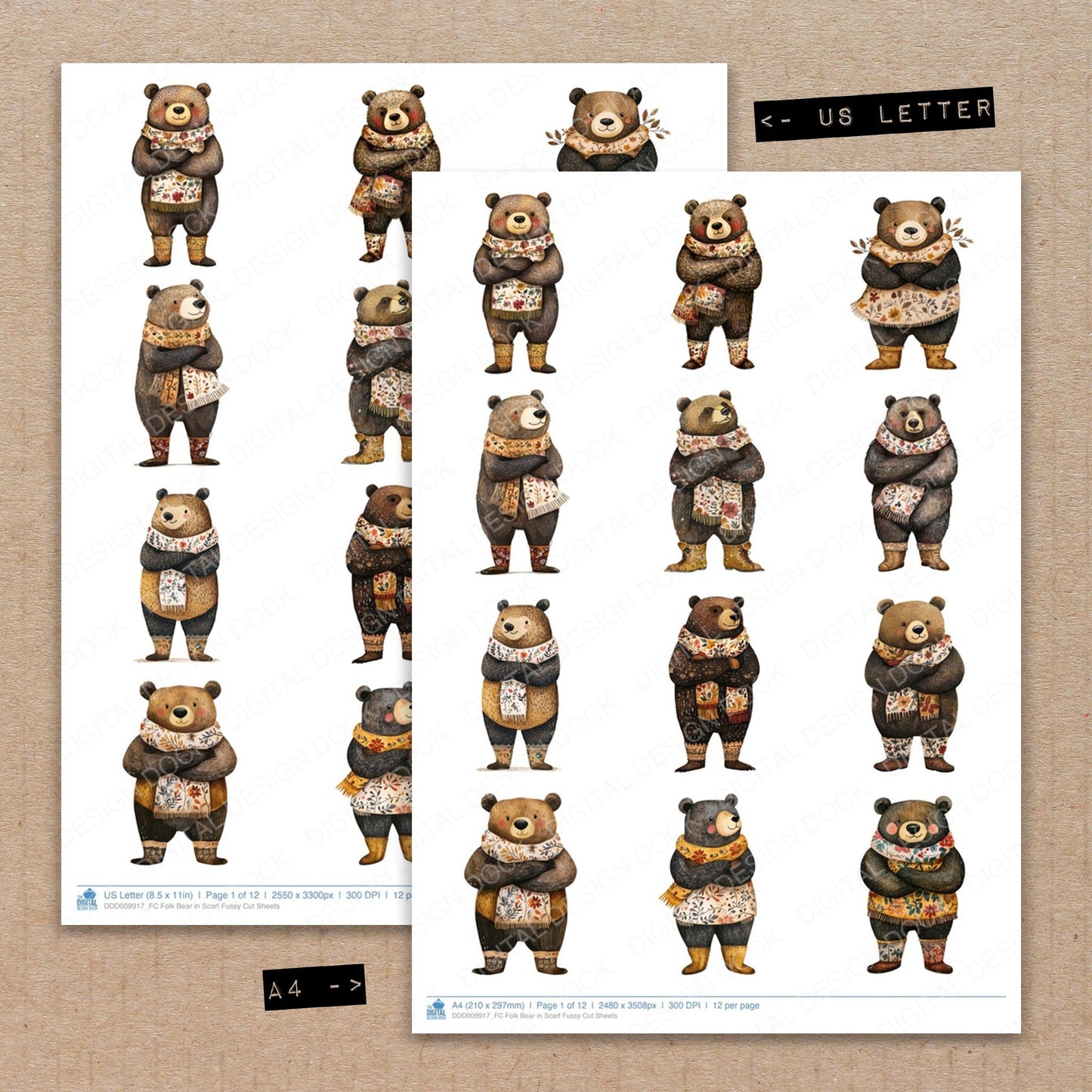 A4 and US Letter format comparison showing Folk Bear in Scarf fussy cut pages for print and cut crafting