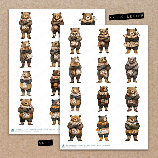 A4 and US Letter format comparison showing Folk Bear in Scarf fussy cut pages for print and cut crafting