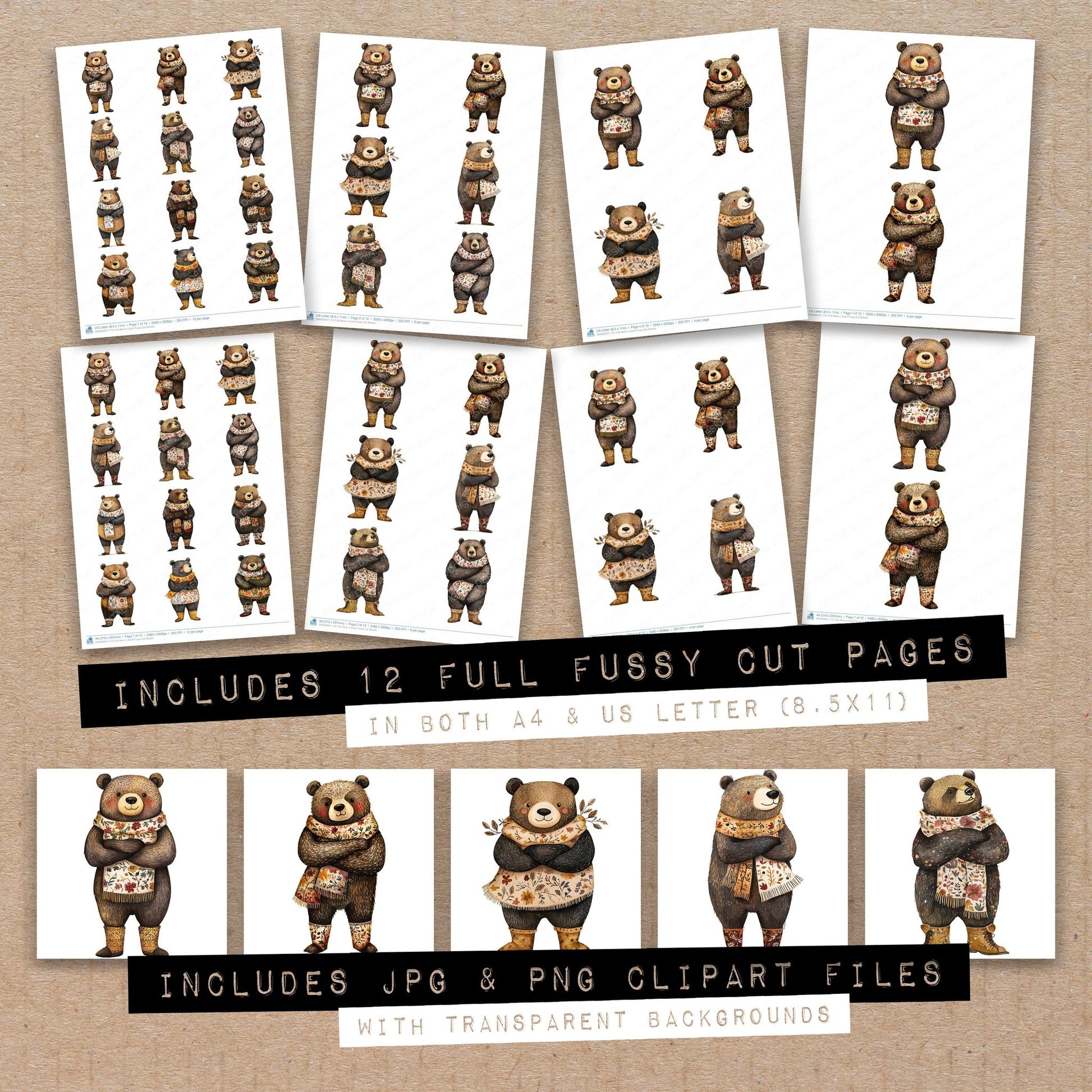 Full collection view of Folk Bear in Scarf fussy cut sheets with bonus clipart JPG and PNG files