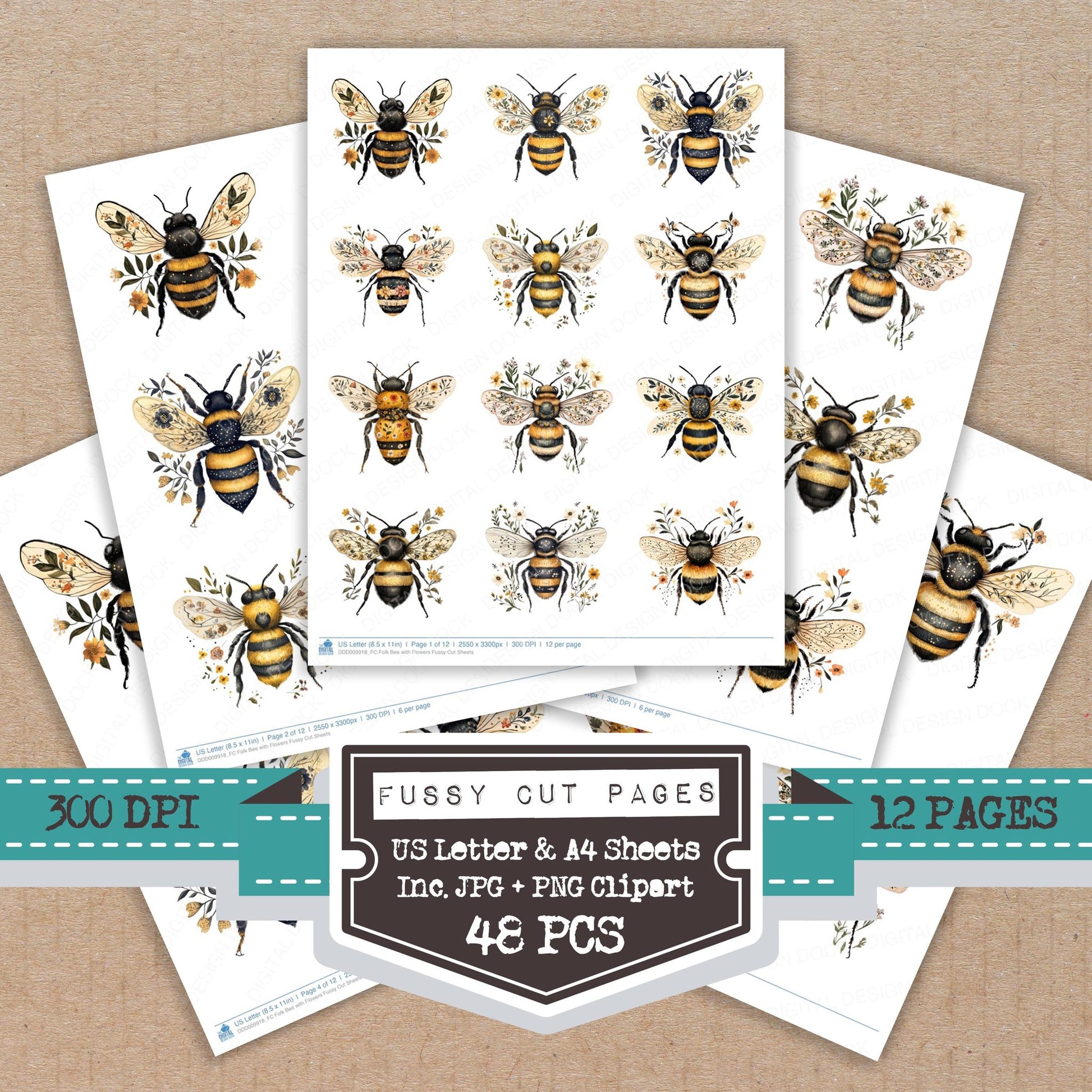 Folk Bee with Flowers fussy cut printable sheets for junk journaling, scrapbooking, and paper craft projects
