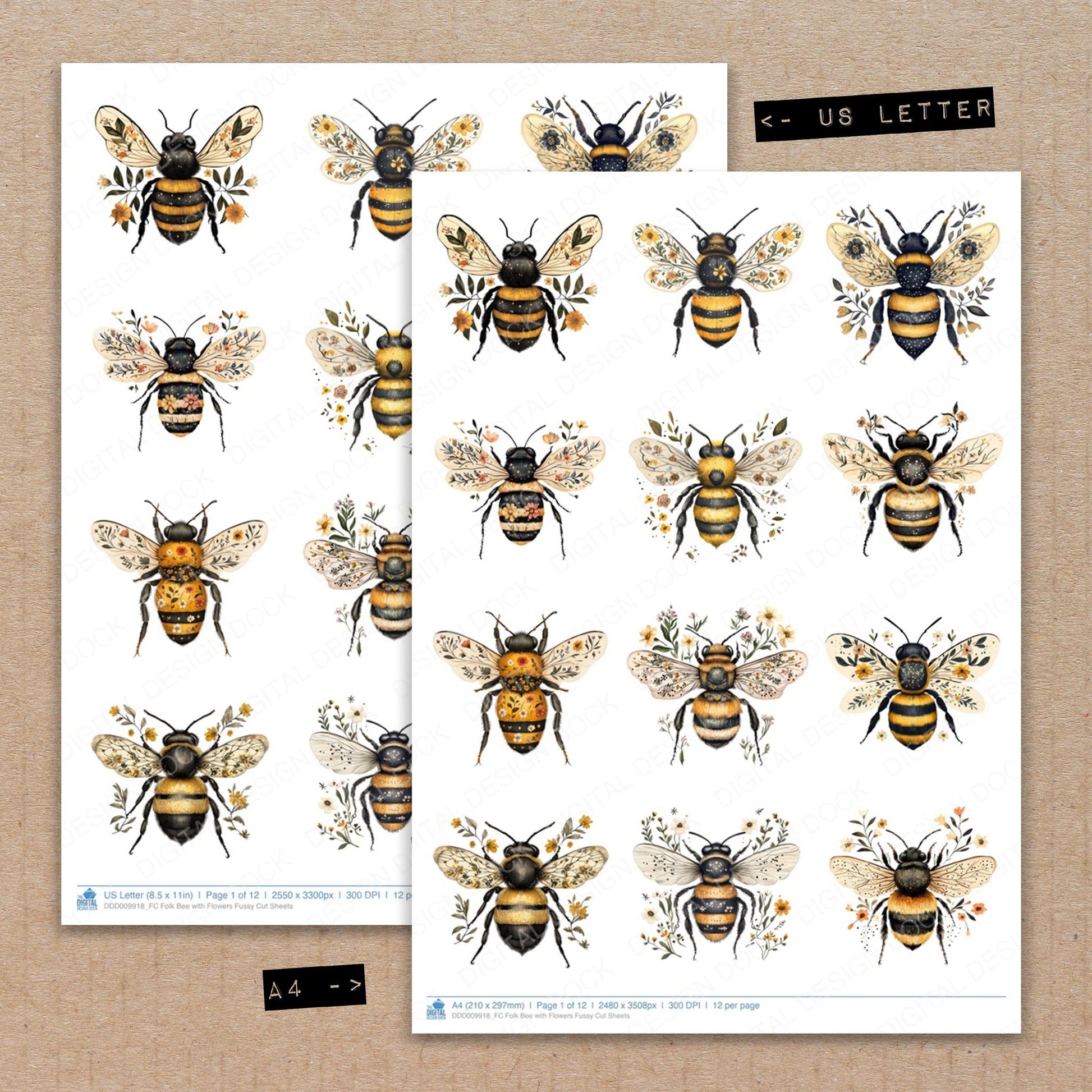 A4 and US Letter format comparison showing Folk Bee with Flowers fussy cut pages for print and cut crafting